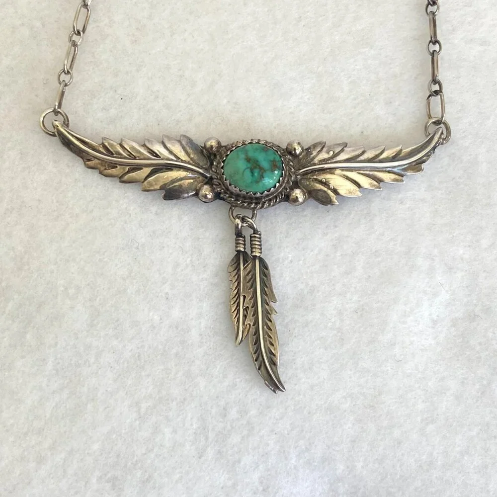 VTG Sterling Silver 925 H. Spencer Navajo Turquoise Leaf Feather Necklace 20.5